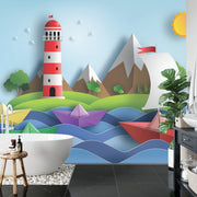 Paper boat and lighthouse wall mural image 2