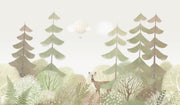 Soft pastel woodland wall mural with trees, a deer, and a dreamy forest landscape for nurseries and kids' rooms.