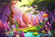 Enchanted forest wallpaper with vibrant colors, fairy-tale scenery, and a peaceful, whimsical ambiance. Ideal for kid's rooms, nurseries and creative spaces.