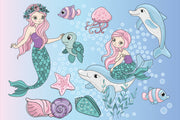 Whimsical underwater-themed mural with pastel mermaids, dolphins, turtles, jellyfish, and fish set against a blue bubble-filled background.