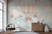 Whimsical kids’ wall mural with baby animals in hot air balloons, cherry blossoms, and a pastel sky—perfect for nurseries and playrooms.