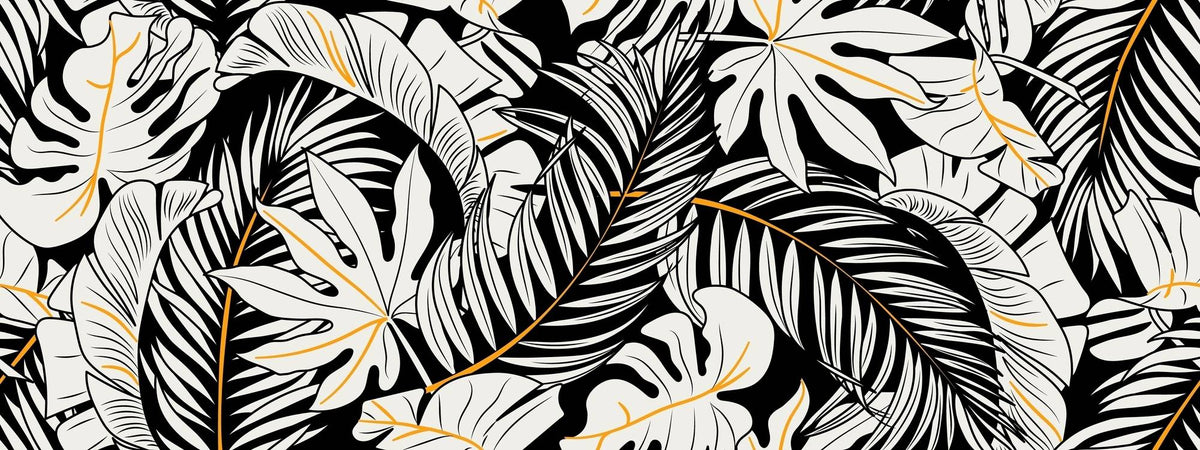 Black and white tropical leaf wall mural with gold accents, featuring monstera and palm leaves in a modern botanical design.