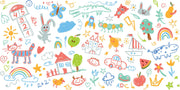 Colorful children's illustrations including animals, numbers, and objects on a white background.