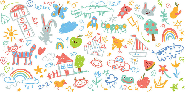 Colorful children's illustrations including animals, numbers, and objects on a white background.