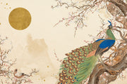 Peacock serenity wall mural with a detailed peacock, cherry blossoms, and golden sun on a beige background.