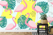 Leaves and flamingo wall mural image 0