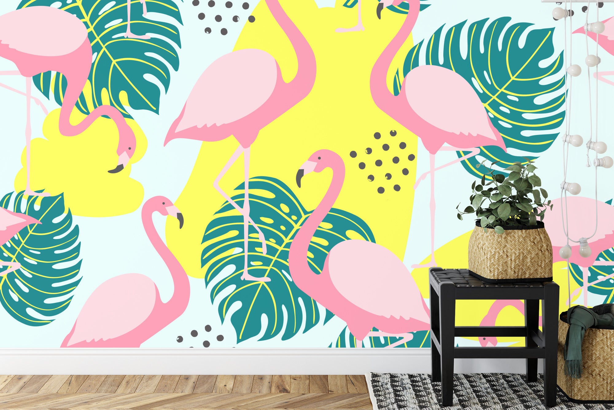 Leaves and flamingo wall mural image 0