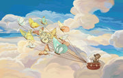  butterflies carrying woodland animals across a cloud-filled sky wallpaper