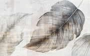 Textured feather wall mural in neutral grey and beige tones, featuring oversized artistic feather details, perfect for modern and minimalist interiors.