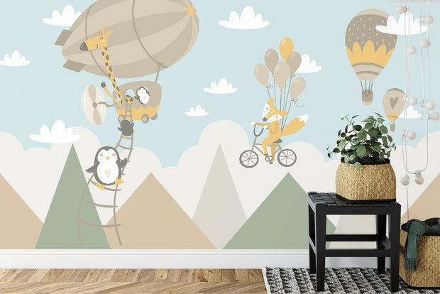 Cartoon animals flying wall mural image 0
