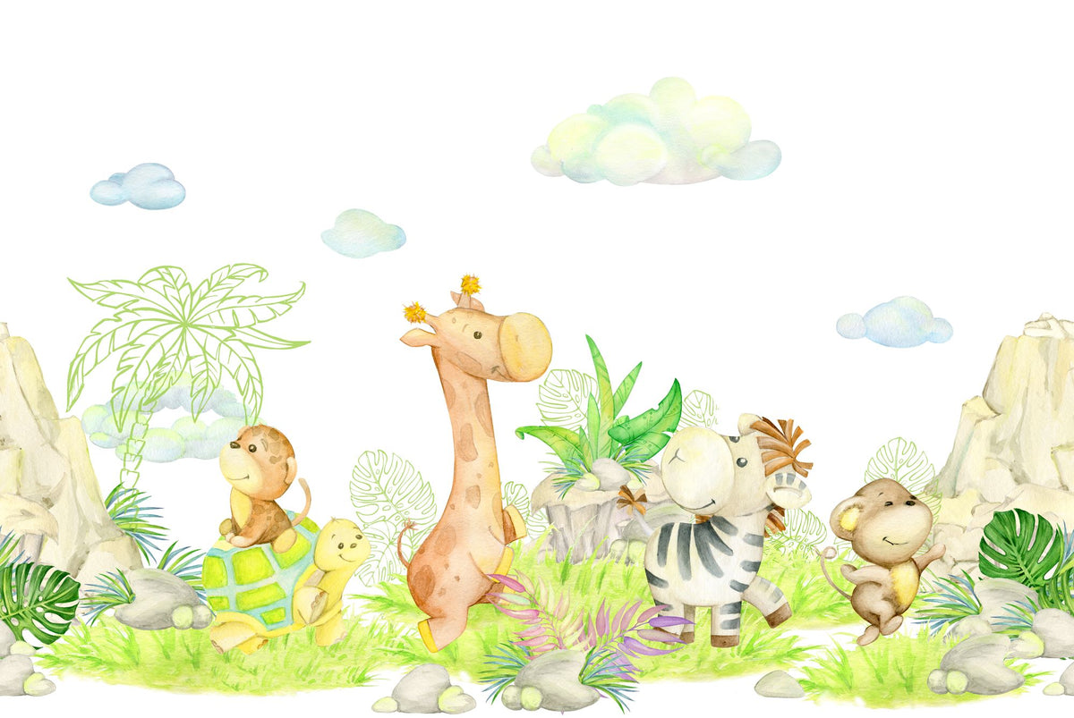 Safari Playground wall mural with watercolor giraffe, zebra, lion, and jungle leaves.