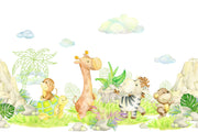 Safari Playground wall mural with watercolor giraffe, zebra, lion, and jungle leaves.