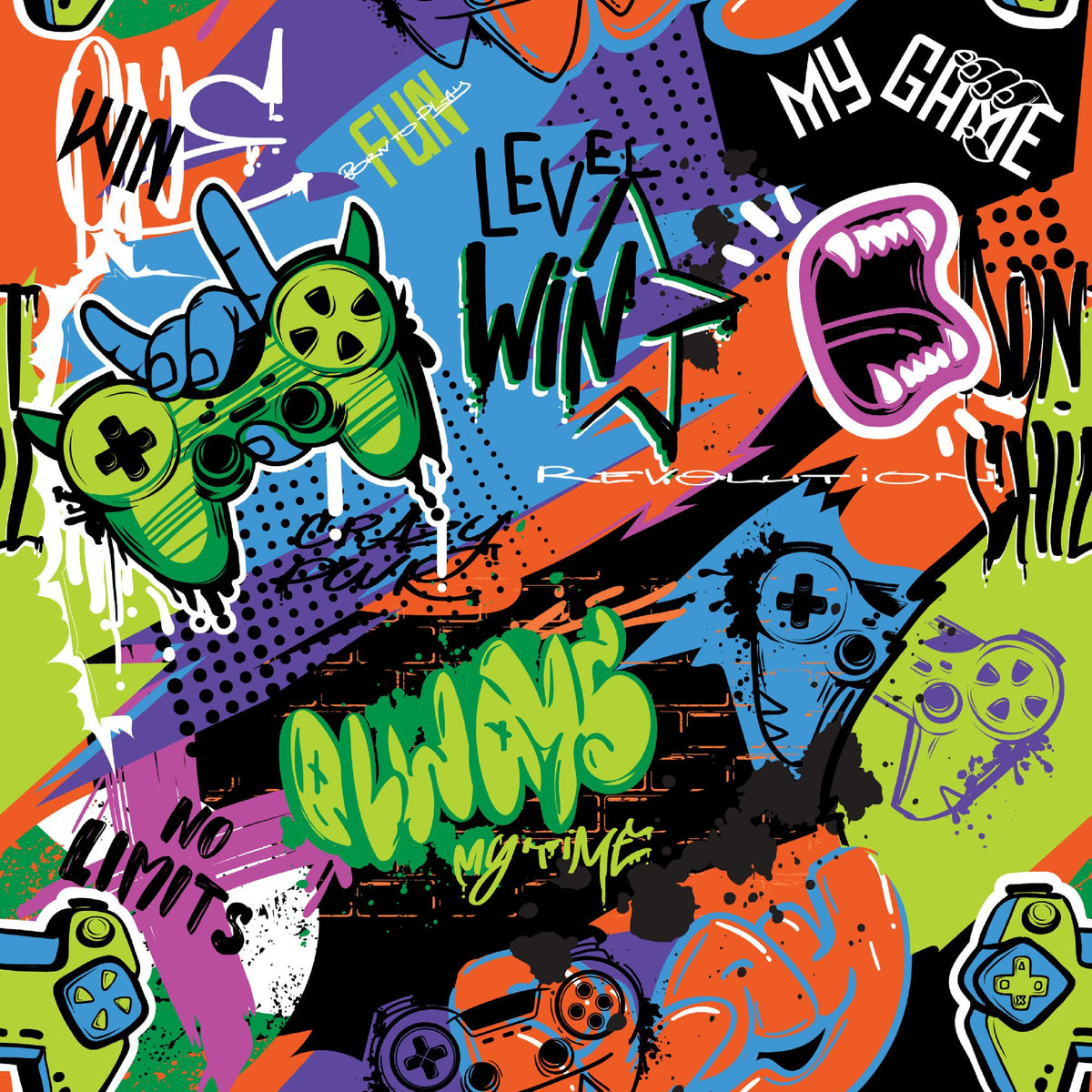 Graffiti-style gaming wall mural featuring bold graphics, colorful game controllers, energetic text like "Level Win" and "Fun," perfect for a modern game room.