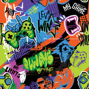 Graffiti-style gaming wall mural featuring bold graphics, colorful game controllers, energetic text like "Level Win" and "Fun," perfect for a modern game room.