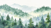 Watercolor forest wall mural with misty mountains and lush green trees, creating a serene and calming nature-inspired ambiance.