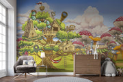 Fantasy wall mural featuring whimsical treehouses, oversized mushrooms, and fairy-tale cottages in a vibrant, enchanted forest setting for kids’ rooms.
