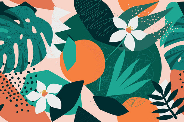 Colorful pattern of leaves and flowers on a geometric background