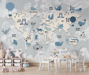 Children’s world map wall mural with cute animals, ocean creatures, and pastel sky background – perfect for kid's rooms and nurseries.