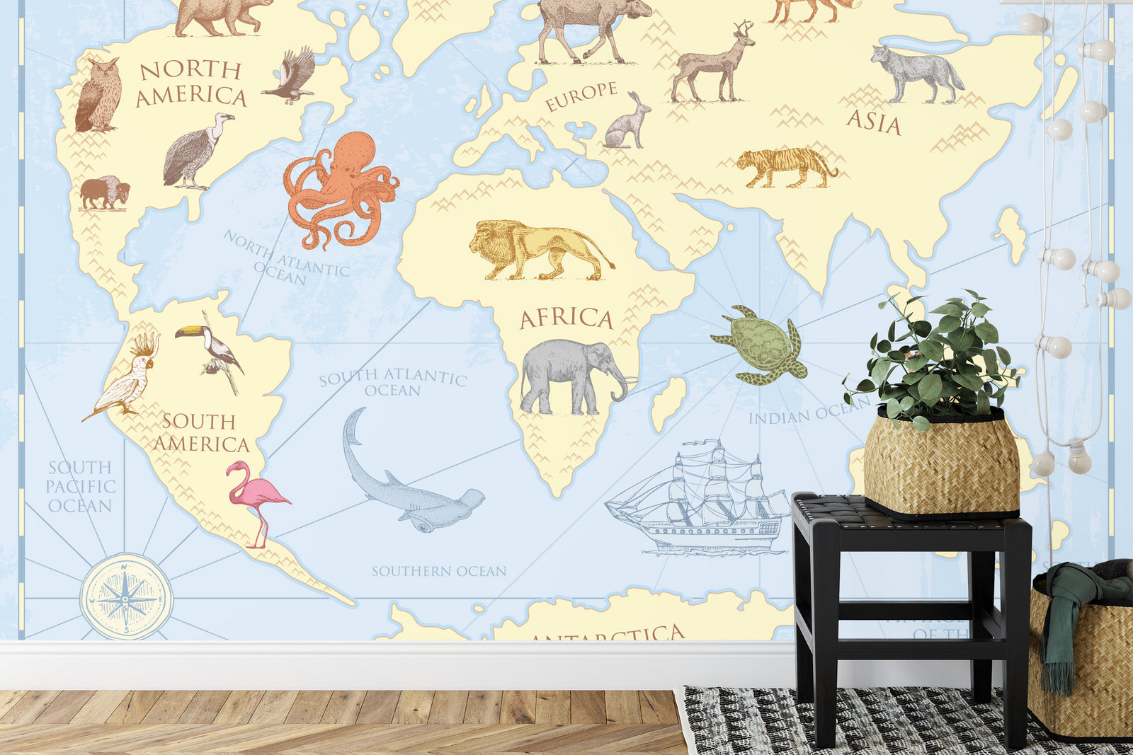 Vintage Animal World Map Wall Mural image 0