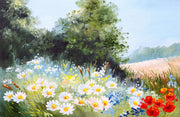 Hand-painted wall mural featuring a summer meadow with wildflowers, daisies, tall grass, and a soft blue sky, creating a peaceful countryside scene.