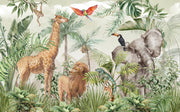 Tropical safari wall mural with exotic animals, including an elephant, giraffe, lion, toucan, and parrot, surrounded by lush tropical leaves and greenery – perfect for kid's rooms and nature-inspired interiors.
