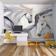 Artistic white horses wall mural featuring flowing manes, brushstroke design, and neutral beige, gold, and charcoal tones in bedroom.