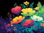 Colorful floral illustration with vibrant flowers on a dark background