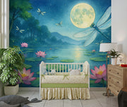 Enchanting moonlit lily pond wall mural with glowing fireflies, dragonflies, and pink water lilies in a magical forest setting