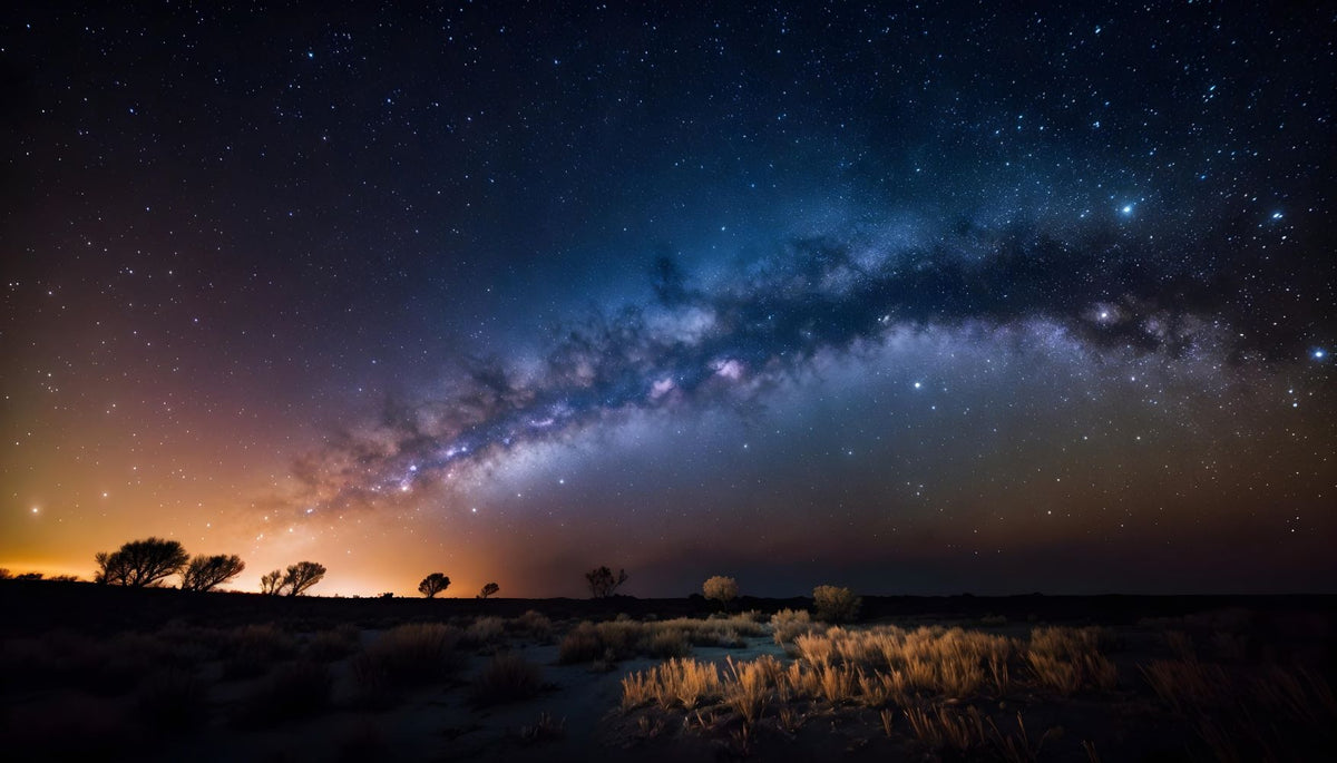 Milky Way Night Sky Wall Mural – Stunning Galaxy Wallpaper Featuring a Starry Sky, Deep Cosmic Blues, and Twilight Horizon for Celestial-Inspired Interiors.