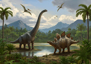 Realistic dinosaur wall mural featuring a Brachiosaurus, Stegosaurus, lush jungle landscape, towering palm trees, and flying pterosaurs in a prehistoric setting.