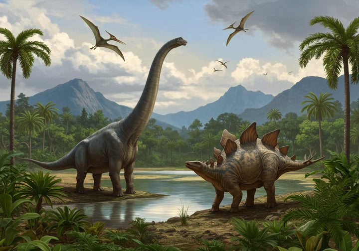 Realistic dinosaur wall mural featuring a Brachiosaurus, Stegosaurus, lush jungle landscape, towering palm trees, and flying pterosaurs in a prehistoric setting.