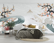 Crane Symphony Wall Mural – Elegant gold-accented cranes flying over ocean waves with cherry blossoms in a Japanese-inspired design.