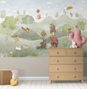 Woodland animal wall mural featuring foxes, deer, rabbits and a duck in a peaceful green forest; perfect for nurseries, playrooms and kid's bedrooms.