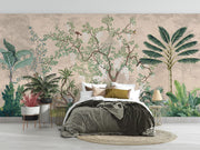 Bedroom with tropical wall mural featuring plants and birds