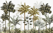 Vintage-style tropical palm tree wall mural with lush green and brown botanical illustrations on a neutral background.