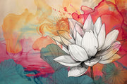 Radiant Lotus wall mural featuring black-and-white lotus illustration on vibrant watercolor background with red, orange, and teal hues.