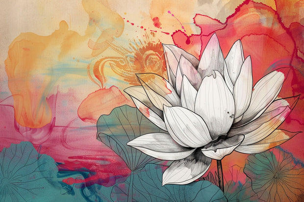Radiant Lotus wall mural featuring black-and-white lotus illustration on vibrant watercolor background with red, orange, and teal hues.