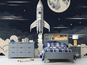 Cartoon Spaceship Wall Mural decorating kids bedroom.