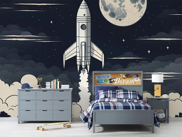 Cartoon Spaceship Wall Mural decorating kids bedroom.