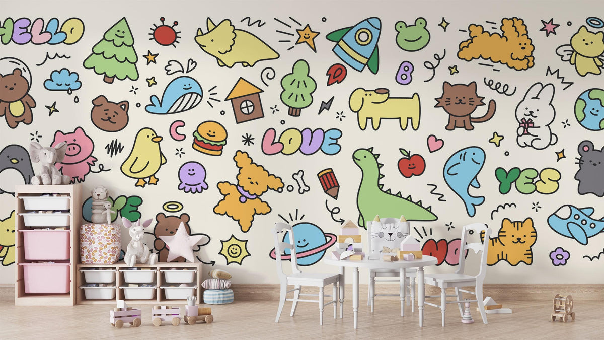Colourful Animal Doodle Wall Mural – room illustration 1