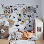 Grey Cartoon Animal World Map Wall Mural – bedroom with orange bedding mock-up