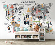 Grey Cartoon Animal World Map Wall Mural – child’s room with a cushioned storage bench mock-up