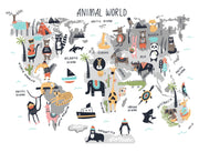 Grey Cartoon Animal World Map Wall Mural – clean artwork for crop selection