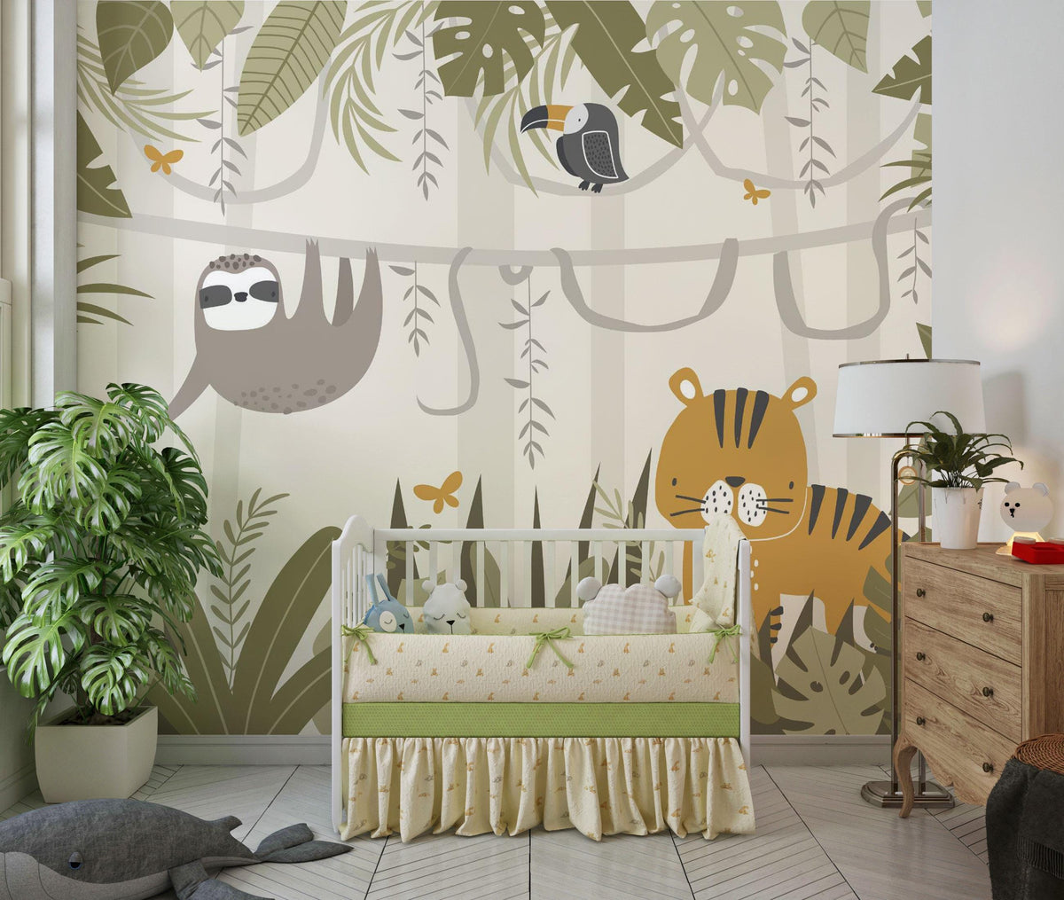 Sloth and Tiger Jungle Wall Mural – room illustration 1