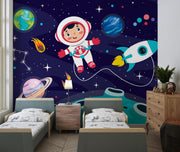 Navy Cartoon Astronaut and Rocket Wall Mural – bedroom with twin beds mock-up