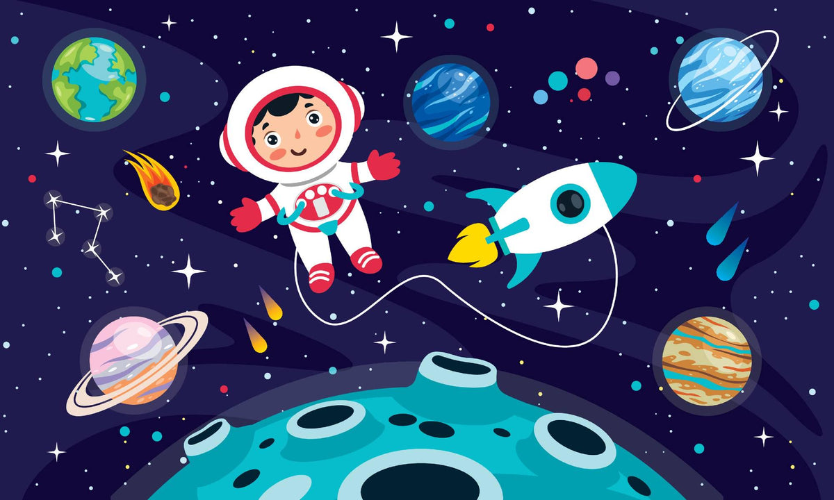 Navy Cartoon Astronaut and Rocket Wall Mural – clean artwork for crop selection