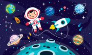 Navy Cartoon Astronaut and Rocket Wall Mural – clean artwork for crop selection