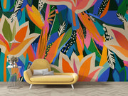Vibrant Tropical Flower and Leaf Wall Mural – room with a yellow sofa mock-up