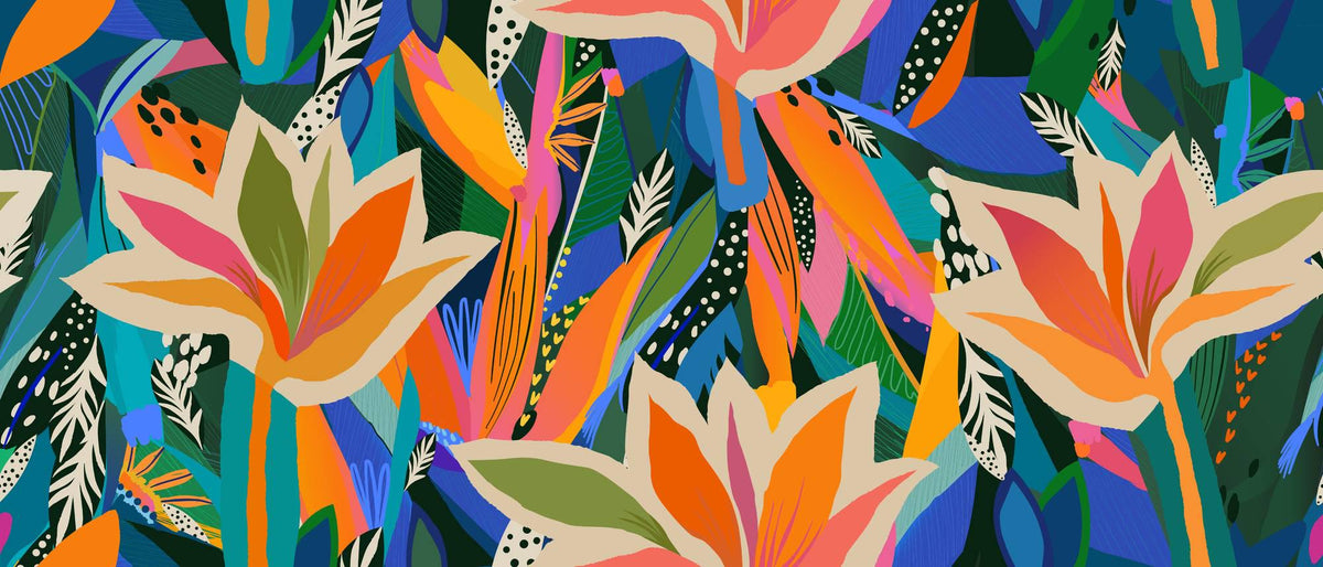 Vibrant Tropical Flower and Leaf Wall Mural – clean tropical flower artwork
