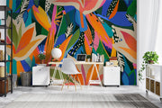 Vibrant Tropical Flower and Leaf Wall Mural – study with white chairs mock-up